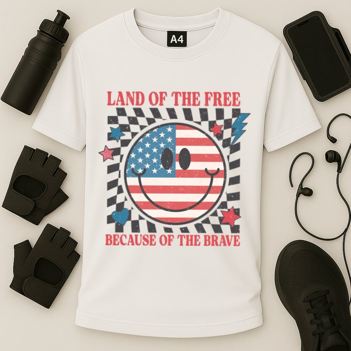 Land Of The Free Because Of The Brave Retro Smiley USA Flag Cooling Performance Crew T-Shirt