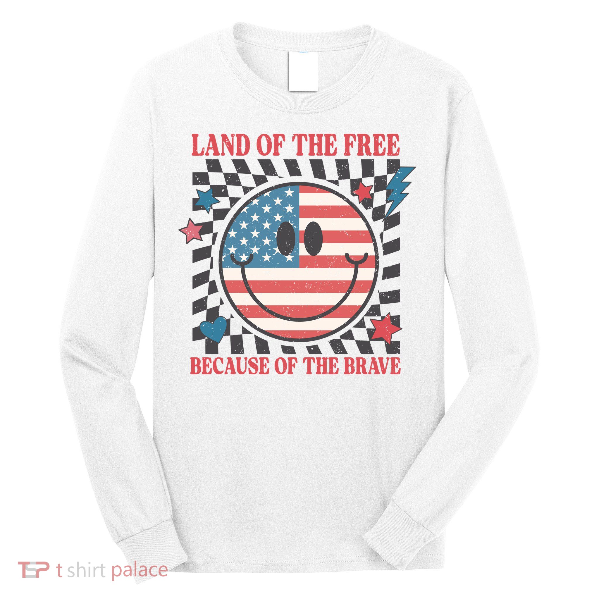 Land Of The Free Because Of The Brave Retro Smiley USA Flag Long Sleeve Shirt