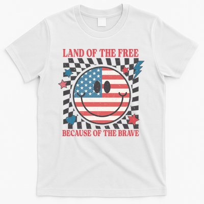 Land Of The Free Because Of The Brave Retro Smiley USA Flag T-Shirt