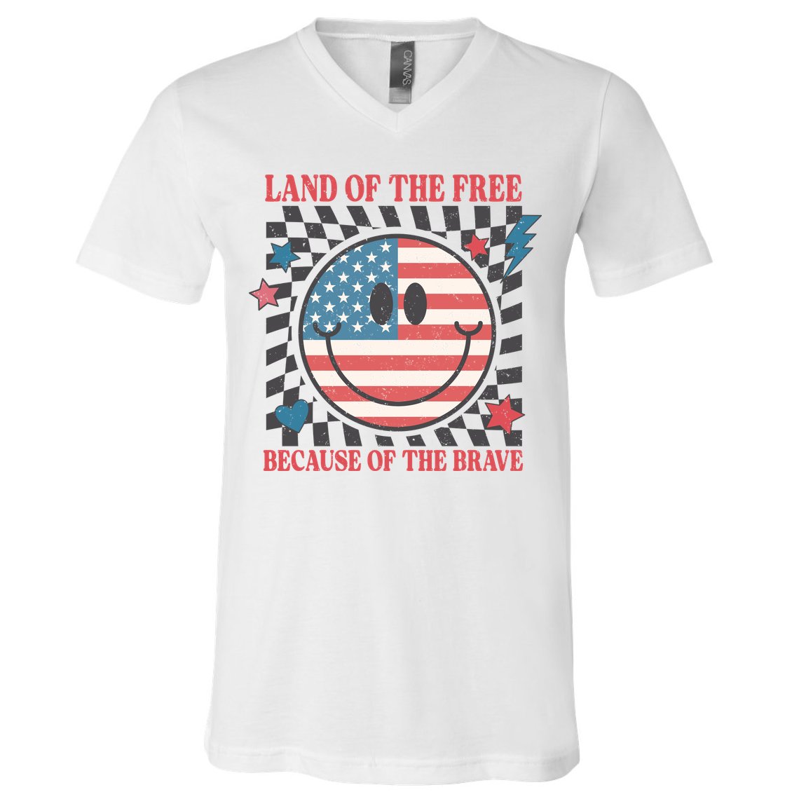 Land Of The Free Because Of The Brave Retro Smiley USA Flag V-Neck T-Shirt