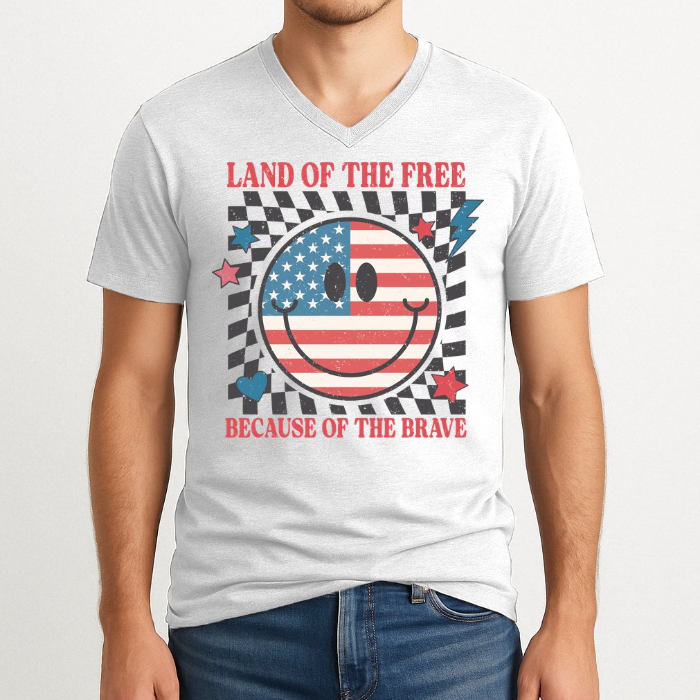 Land Of The Free Because Of The Brave Retro Smiley USA Flag V-Neck T-Shirt