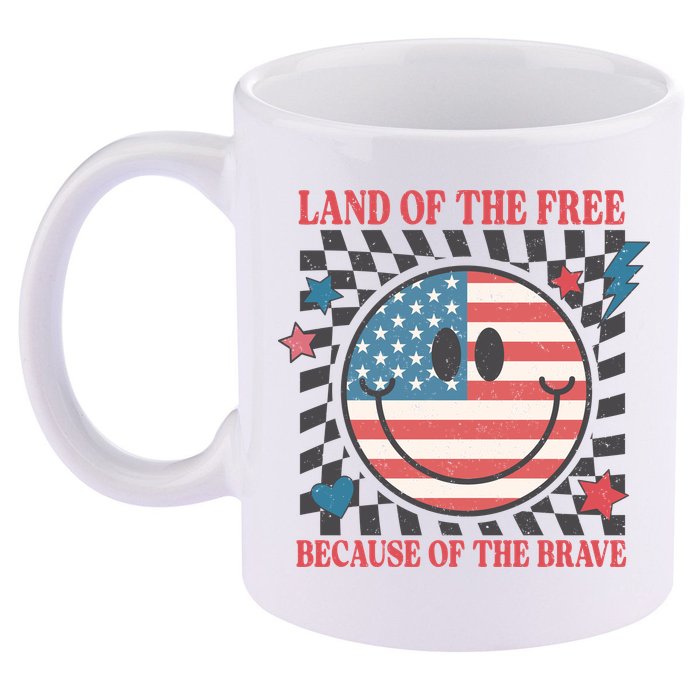 Land Of The Free Because Of The Brave Retro Smiley USA Flag 11oz C Handle Ceramic Mug