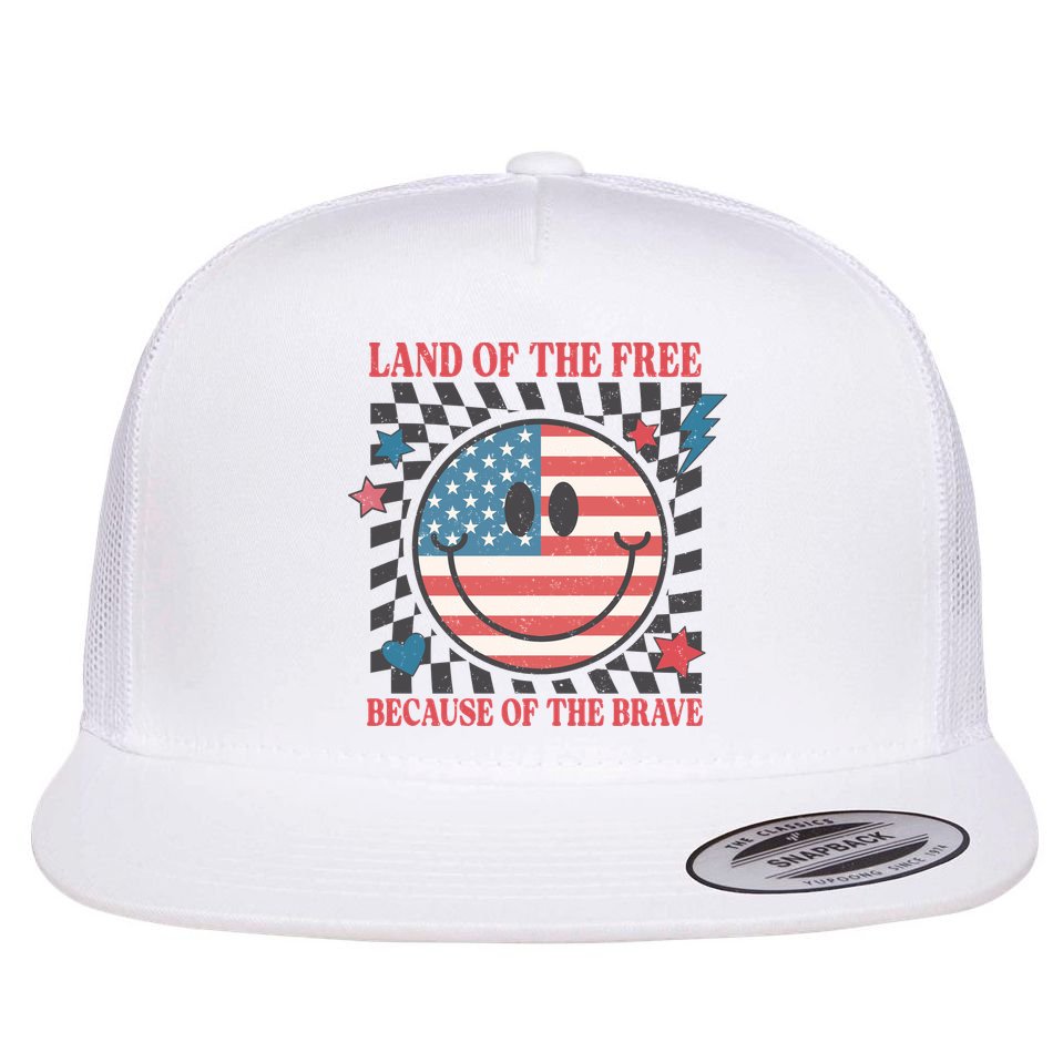 Land Of The Free Because Of The Brave Retro Smiley USA Flag Flat Bill Trucker Hat
