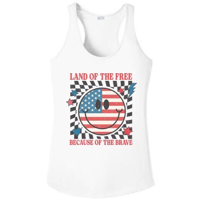 Land Of The Free Because Of The Brave Retro Smiley USA Flag Ladies PosiCharge Competitor Racerback Tank