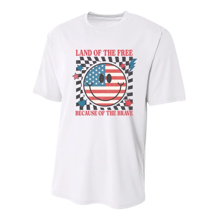 Land Of The Free Because Of The Brave Retro Smiley USA Flag Youth Performance Sprint T-Shirt
