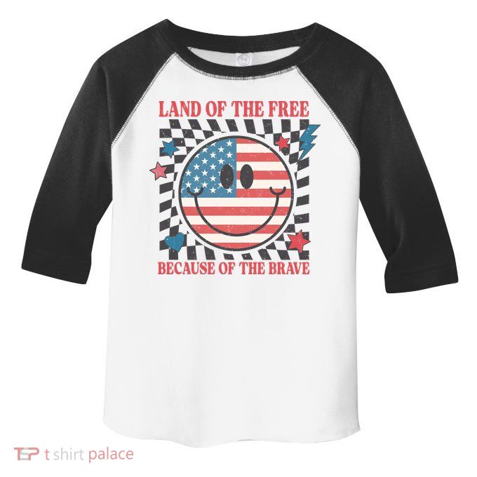 Land Of The Free Because Of The Brave Retro Smiley USA Flag Toddler Fine Jersey T-Shirt