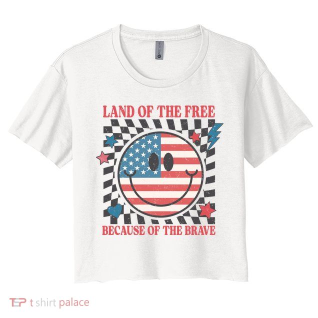 Land Of The Free Because Of The Brave Retro Smiley USA Flag Crop Top