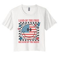 Land Of The Free Because Of The Brave Retro Smiley USA Flag Women's Crop Top Tee