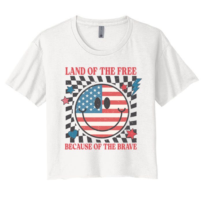 Land Of The Free Because Of The Brave Retro Smiley USA Flag Women's Crop Top Tee