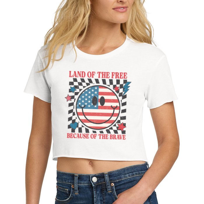 Land Of The Free Because Of The Brave Retro Smiley USA Flag Women's Crop Top Tee