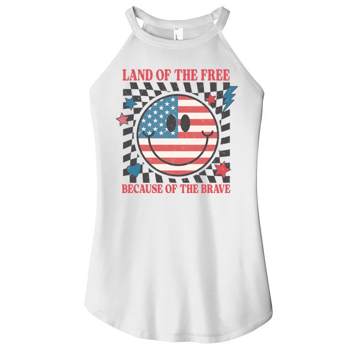 Land Of The Free Because Of The Brave Retro Smiley USA Flag Women's Perfect Tri Rocker Tank