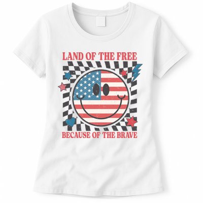 Land Of The Free Because Of The Brave Retro Smiley USA Flag Womens T-Shirt