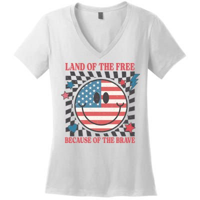 Land Of The Free Because Of The Brave Retro Smiley USA Flag Women's V-Neck T-Shirt