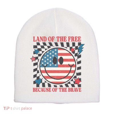 Land Of The Free Because Of The Brave Retro Smiley USA Flag Short Acrylic Beanie