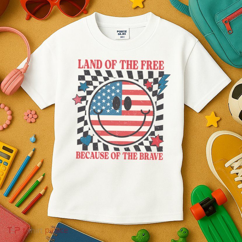Land Of The Free Because Of The Brave Retro Smiley USA Flag Kids T-Shirt