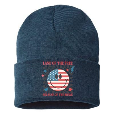 Land Of The Free Because Of The Brave Funny Sustainable Knit Beanie