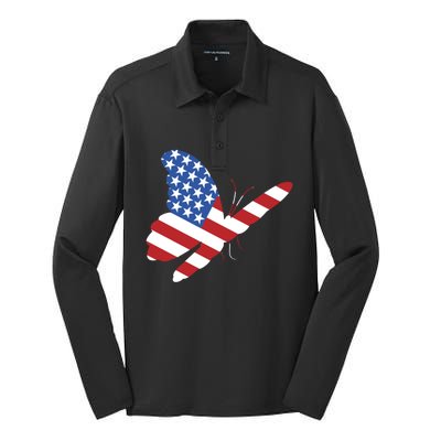 Land Of The Free Usa Flag Butterfly Proud American Veterans Great Gift Silk Touch Performance Long Sleeve Polo