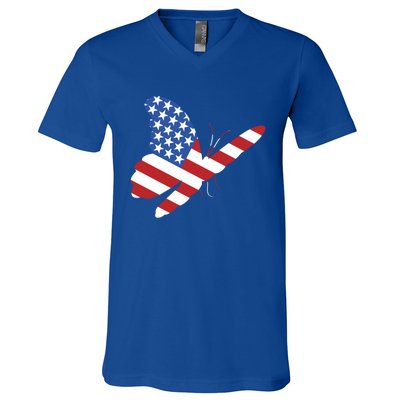 Land Of The Free Usa Flag Butterfly Proud American Veterans Great Gift V-Neck T-Shirt