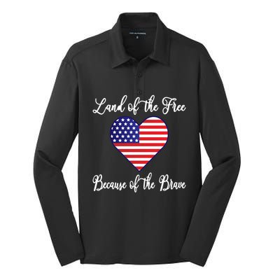 Land Of The Free Because Of The Brave American Flag Heart Gift Silk Touch Performance Long Sleeve Polo