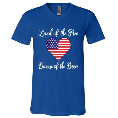 Land Of The Free Because Of The Brave American Flag Heart Gift V-Neck T-Shirt