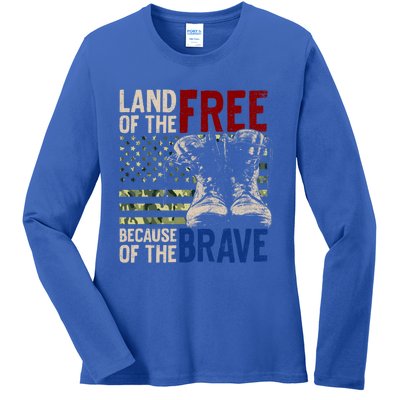 Land Of The Free Because Of The Brave Gift Vintage Us Flag Ladies Long Sleeve Shirt