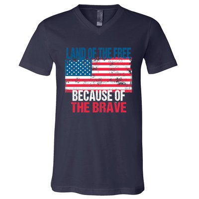 Land Of The Free Because Of The Brave 4th Of July Usa Flag V-Neck T-Shirt