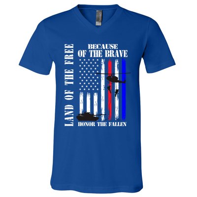 Land Of The Free Because Of The Brave Honor The Fallen Flag Funny Gift V-Neck T-Shirt