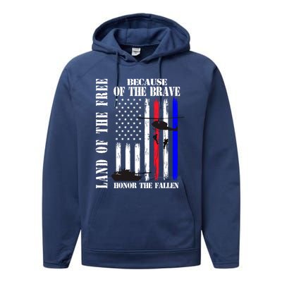 Land Of The Free Because Of The Brave Honor The Fallen Flag Funny Gift Performance Fleece Hoodie