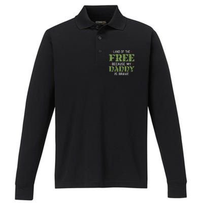 Land Of The Free Because My Daddy Is Brave Veteran Performance Long Sleeve Polo