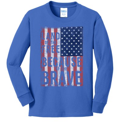 Land Of The Free Because Of The Brave Vintage American Flag Gift Kids Long Sleeve Shirt