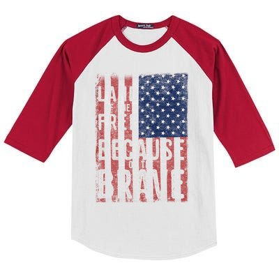 Land Of The Free Because Of The Brave Vintage American Flag Gift Kids Colorblock Raglan Jersey