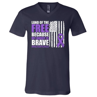 Land Of The Free Because My Daddy Is Brave #Militarychild V-Neck T-Shirt