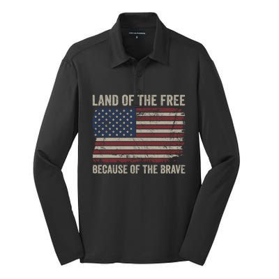 Land Of The Free Because Of The Brave Distress American Flag Gift Silk Touch Performance Long Sleeve Polo