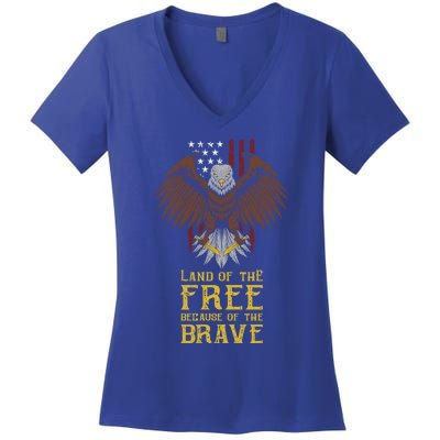 Land Of The Free Because Of The Brave Eagle Over Flag Funny Gift Women's V-Neck T-Shirt