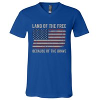 Land Of The Free Because Of The Brave Distress American Flag Great Gift V-Neck T-Shirt