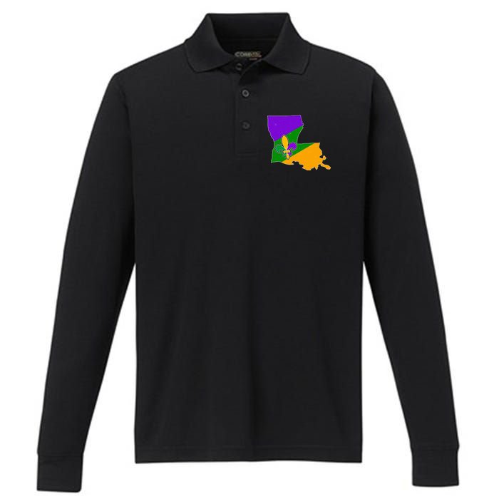 Louisiana Mardi Gras Fleur De Lis Performance Long Sleeve Polo