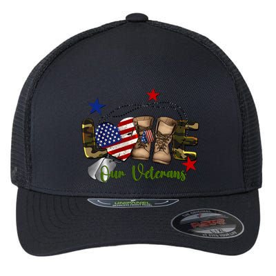 Love Our Veterans Day Proud Military American Flag Flexfit Unipanel Trucker Cap