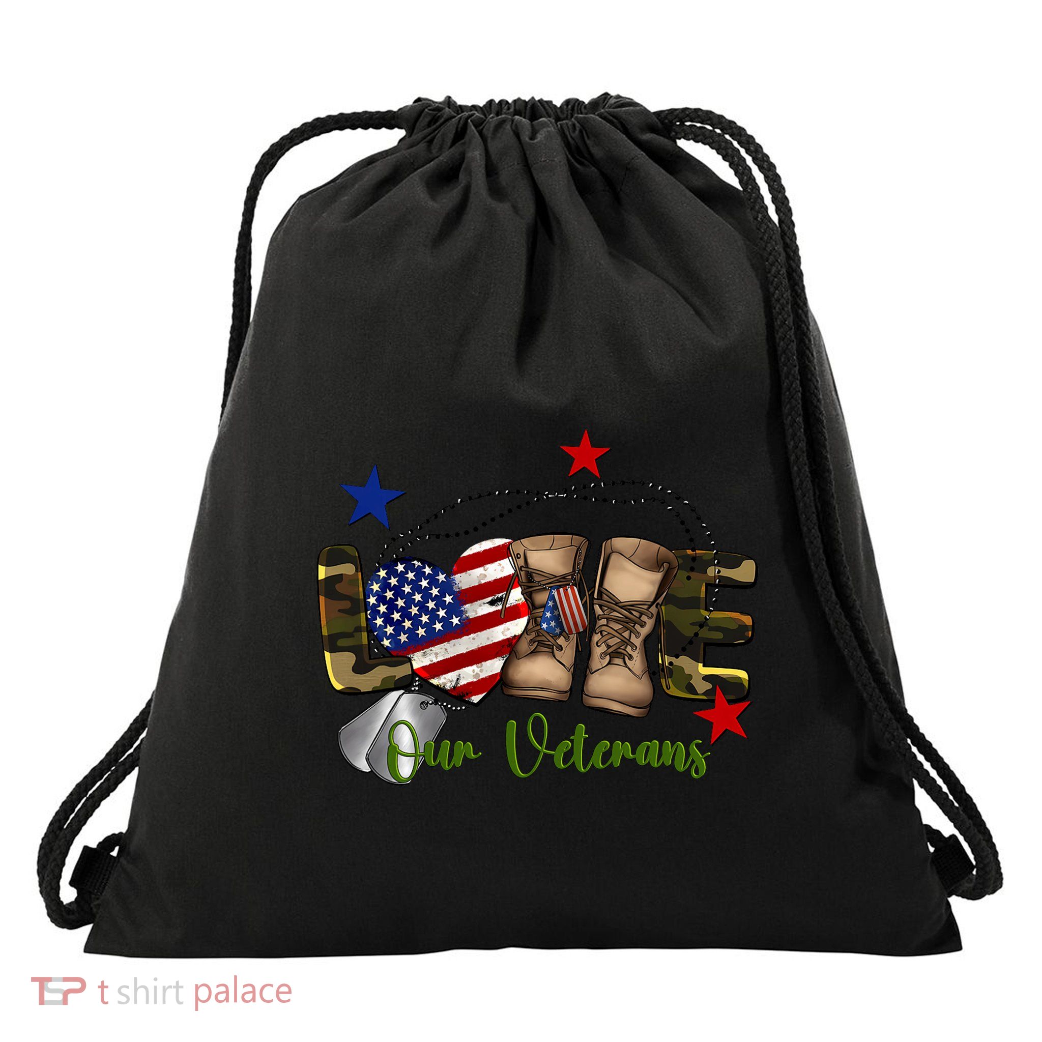 Love Our Veterans Day Proud Military American Flag Drawstring Bag