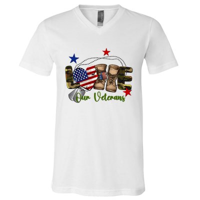 Love Our Veterans Day Proud Military American Flag V-Neck T-Shirt