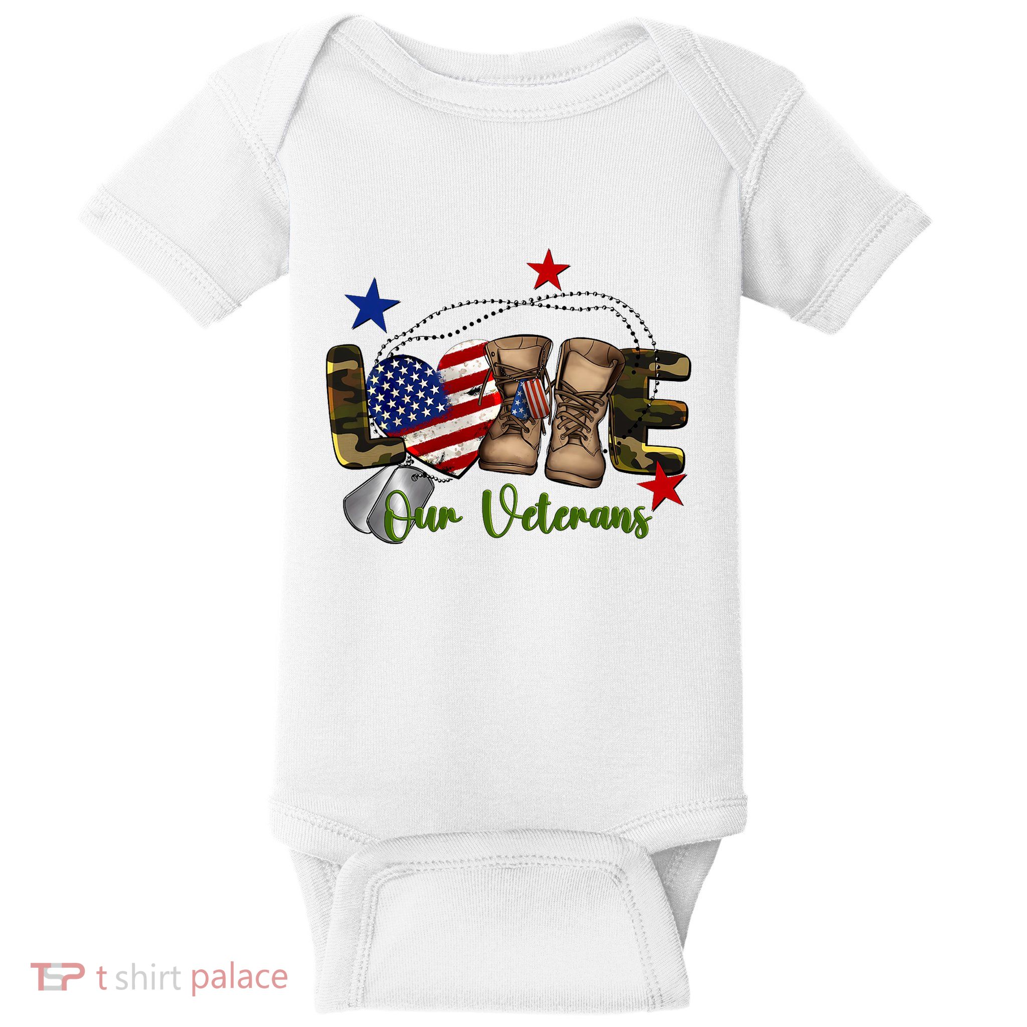 Love Our Veterans Day Proud Military American Flag Baby Bodysuit