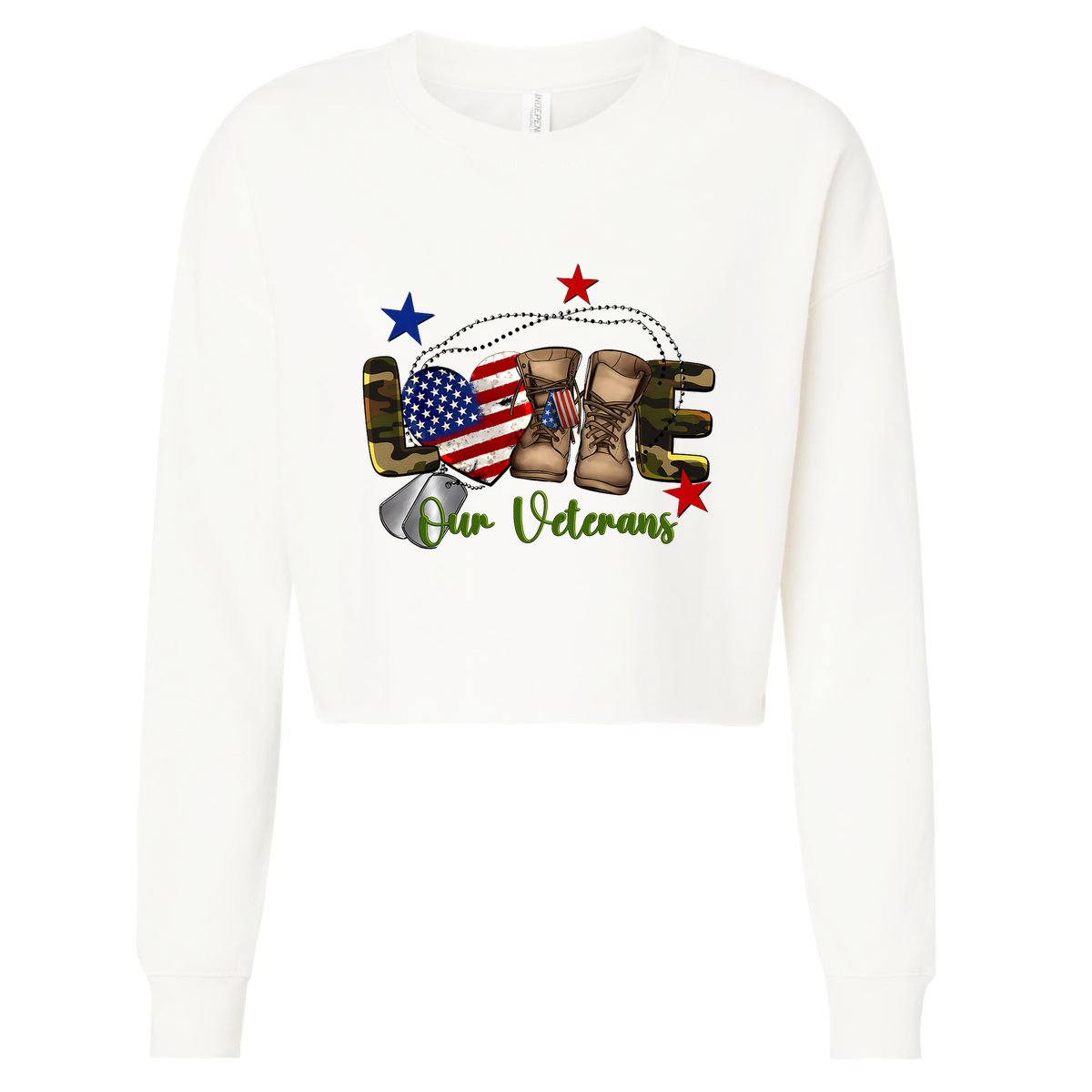 Love Our Veterans Day Proud Military American Flag Cropped Pullover Crew