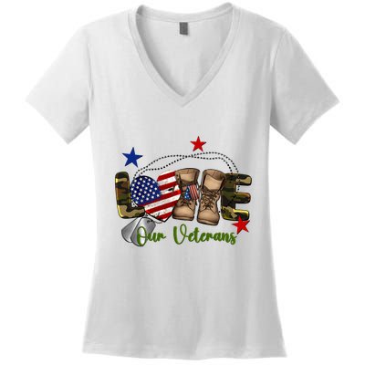 Love Our Veterans Day Proud Military American Flag Women's V-Neck T-Shirt