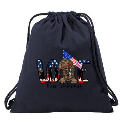 Love Our Veterans Day Proud Military American Flag Drawstring Bag