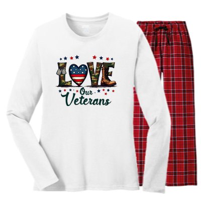 Love Our Veterans Day Proud Military Women's Long Sleeve Flannel Pajama Set 