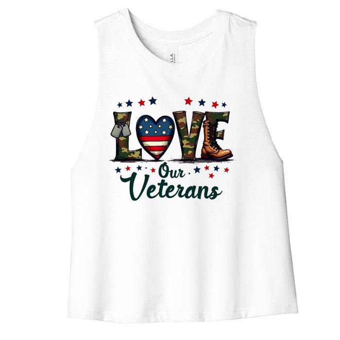 Love Our Veterans Day Proud Military Women's Racerback Cropped Tank