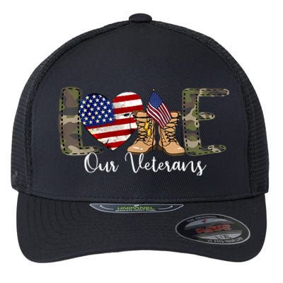 Love Our Veterans Day Proud Military American Flag Flexfit Unipanel Trucker Cap