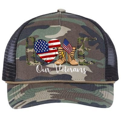 Love Our Veterans Day Proud Military American Flag Retro Rope Trucker Hat Cap