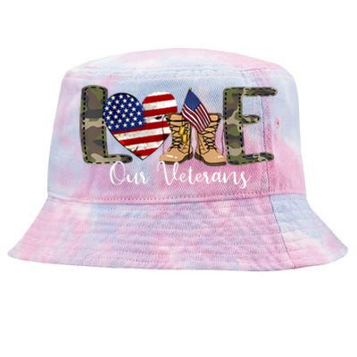 Love Our Veterans Day Proud Military American Flag Tie-Dyed Bucket Hat