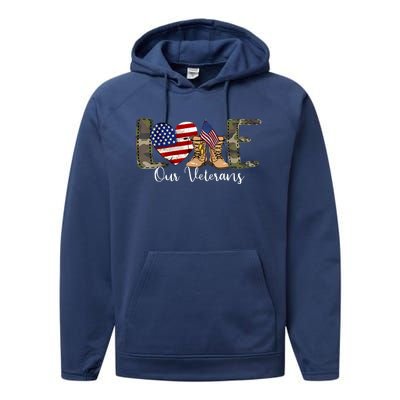 Love Our Veterans Day Proud Military American Flag Performance Fleece Hoodie