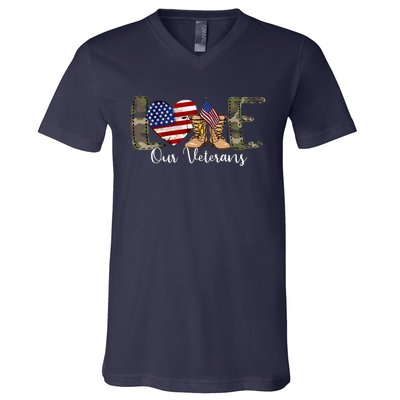 Love Our Veterans Day Proud Military American Flag V-Neck T-Shirt